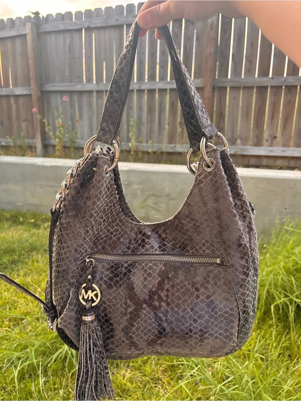 Michael Kors Gray Snake-Embossed Hobo with Tassel